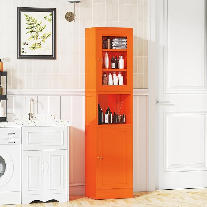 Metal Bathroom Storage Cabinet 67" Slim Bathroom Organizer with 3 Adjustable Shelves, 2 Doors (Left/Right Opening),Metal Floor Cabinet for Small Spaces(Glass, Orange)