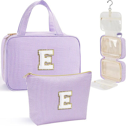 YOOLIFE Teen Girl Gifts Trendy Stuff - Birthday Gifts for 7 8 9 10 11 12 13 14 15 16 17 18 Year Old Teen Girls, Hanging Toiletry Bag Initial Makeup Bag - Letter E, Purple