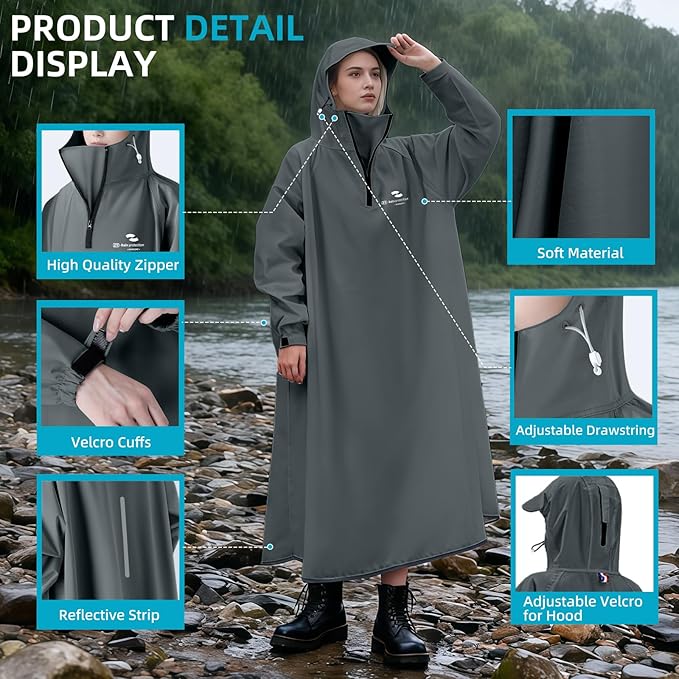 Hooded Rain Poncho for Adults Waterproof Rain Ponchos Lightweight Raincoat Reusable Rain Jacket for Men Women Outdoor