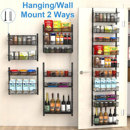 Over the Door Pantry Organizer, 10-Tier Over the Door Organizer with Adjustable Basket, Door Organization for Pantry Kitchen Storage Room Spice Rack, Black