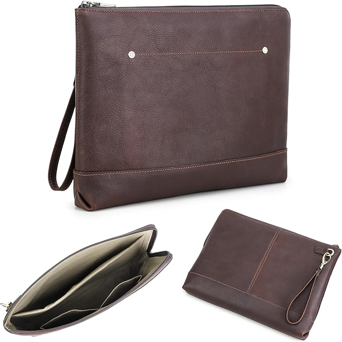 Top Grain Leather 14.2" Slim Laptop 90° Zipper Bag, Removable Wristlet & 4 Pockets, Compatible with 2024 MacBook Pro 14.2" M1 M2 M3 M4 Pro/Max A2442 & Other Laptop, Red Coffee 14.2 Inch
