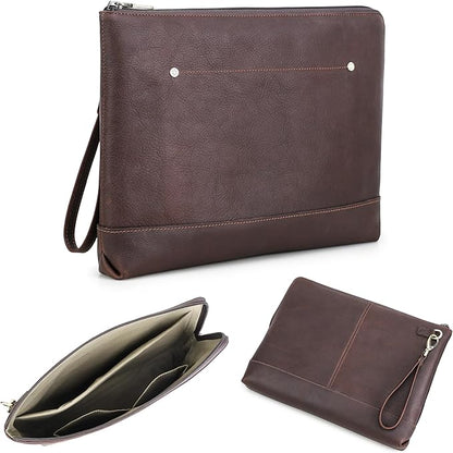Top Grain Leather 14.2" Slim Laptop 90° Zipper Bag, Removable Wristlet & 4 Pockets, Compatible with 2024 MacBook Pro 14.2" M1 M2 M3 M4 Pro/Max A2442 & Other Laptop, Red Coffee 14.2 Inch