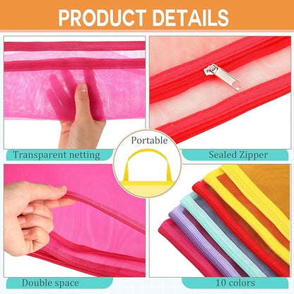 Marspark 30 Pack Bright Color Mesh Zipper Pouch Bags A4 Nylon Organizing Bags Breathable See Through Zipper Pouch with Handle for Office Games