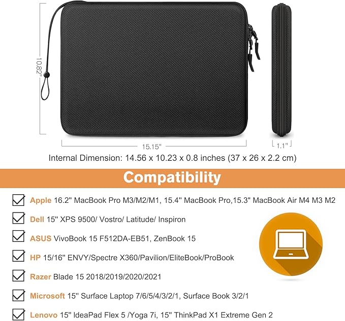 FINPAC Hard Laptop Sleeve Case for 15.3 inch MacBook Air M4 A3241 M3A 3114 M2 A2941 2025 2024, 16.2 inch MacBook Pro M4/M3/M2/M1 Pro/Max, Waterproof Case for Surface Laptop/Book, Black