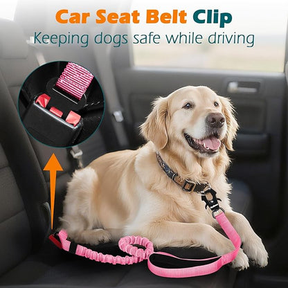 PetBonus Heavy Duty Tactical Dog Leash, 5 FT Bungee Shock Absorption Leash with 2 Padded Handles, Quick Release Metal Clip, Car Seatbelt, No Pull Training Lead for Large Medium Dogs（Pink）