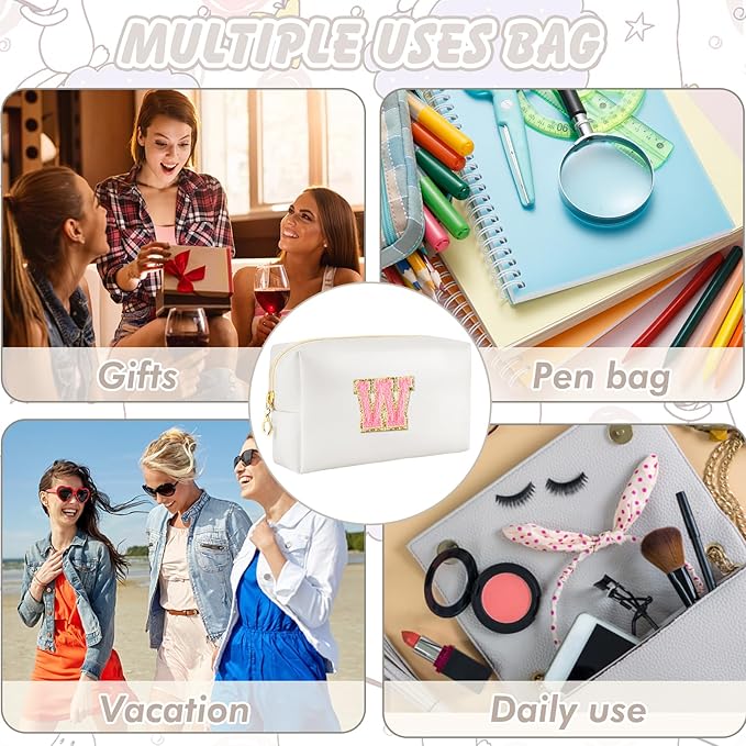 Initial Makeup Bag Personalized Preppy Travel Small Cosmetic Bag Cute PU White Chenille Letter Makeup Pouch for Purse Waterproof Zippered Toiletry Organizer for Women Girls Kids Friends (W)