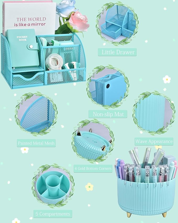 Green and Blue Desk Organizers and Accessories With Mesh Desk Organizer and 360°Rotating Pen Holder and a Lot of Office Green Office Supplies Beautifully Presented in a Gift Box Christmas Gifts