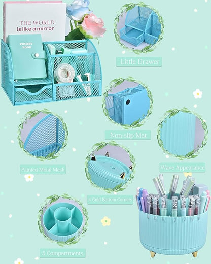 Green and Blue Desk Organizers and Accessories With Mesh Desk Organizer and 360°Rotating Pen Holder and a Lot of Office Green Office Supplies Beautifully Presented in a Gift Box Christmas Gifts