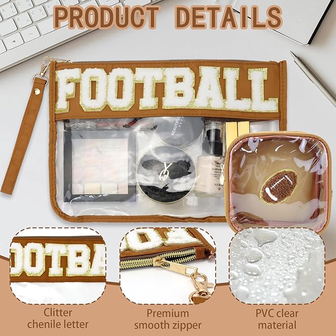2 Pcs Football Gifts Makeup Bag with Chenille Letter Patch,with Handles PVC Waterproof Clear Makeup Bag,Portable Toiletry Storage Bag,Players & Fans Birthday, Team or Sports Lover Presents