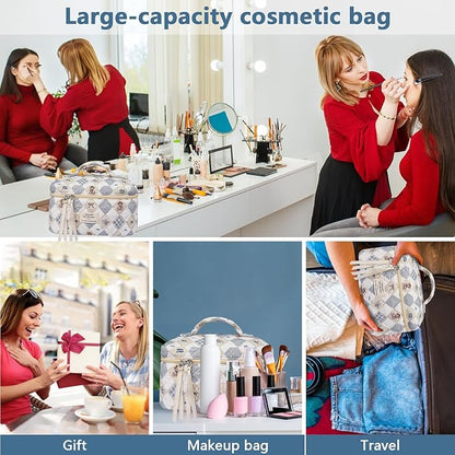 Large Makeup Bag, Cute Cosmetic Bag for Women Girls, Floral Coquette Aesthetic Toiletry Bag, Travel Make Up Organizer Bag (Check Bear)