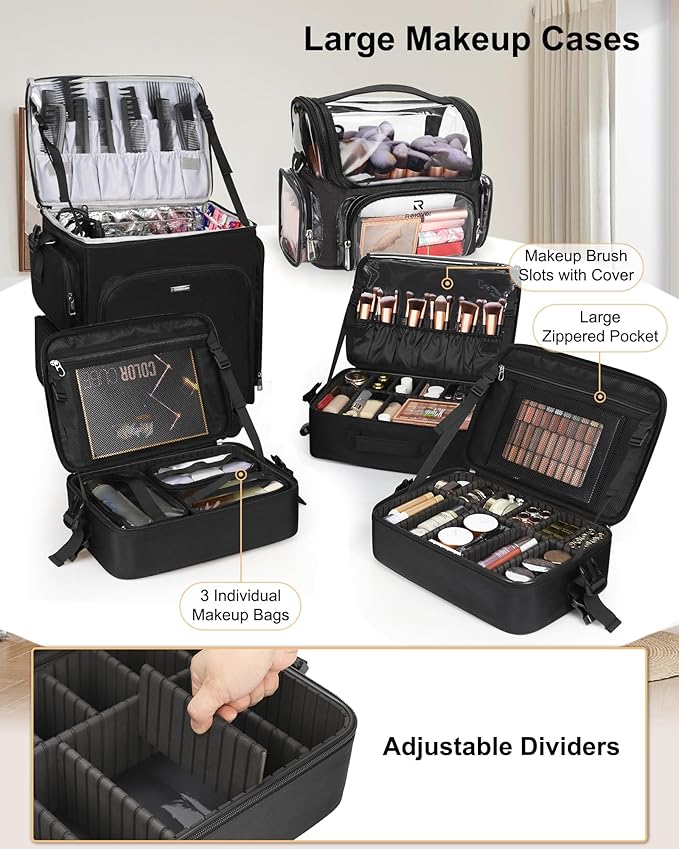 Relavel Rolling Makeup Case, 4 in 1 Hairstylist Traveling Bag with Clear Makeup Brush Case, Cosmetology Case on Wheels Large Hair Tools Cosmetics Train Case Makeup Artist Storage Organizer Trolley