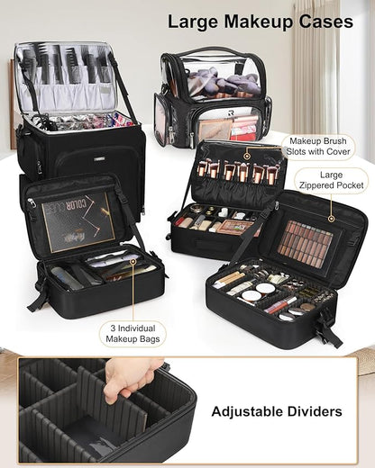 Relavel Rolling Makeup Case, 4 in 1 Hairstylist Traveling Bag with Clear Makeup Brush Case, Cosmetology Case on Wheels Large Hair Tools Cosmetics Train Case Makeup Artist Storage Organizer Trolley