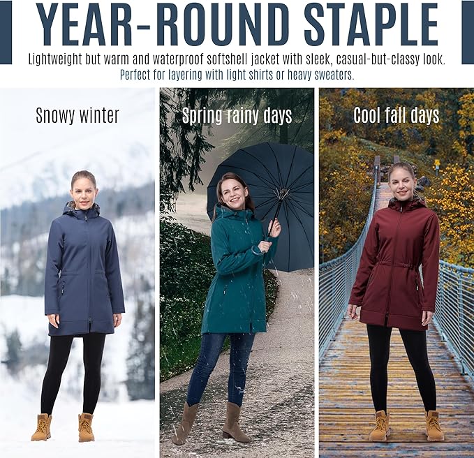 Outdoor Ventures Women's Softshell Jacket with Removable Hood Fleece Lined Windbreaker Insulated Long Warm Rain Jacket