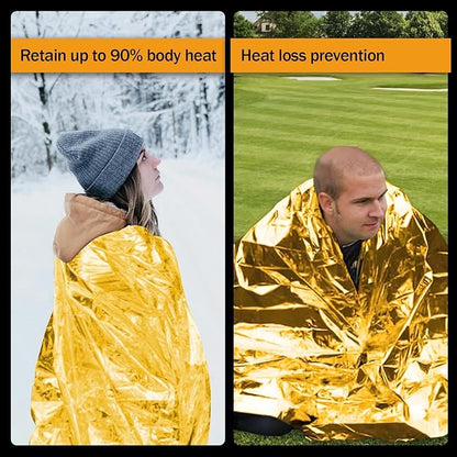 50 Pack Emergency Mylar Thermal Blankets - 82"x62" Waterproof Heat Reflective Blankets, Bulk Rescue Blanket for Survival, Camping, Marathons, Bug Out Bag, First Aid, Golden