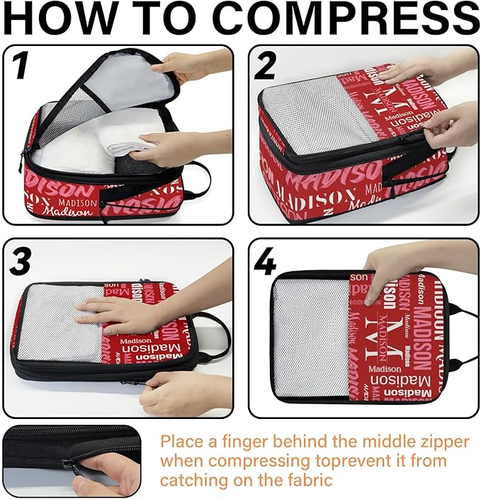 Personalized 6 Set Compression Packing Cubes for Travel Essentials with Name Initial Customized Lightweight Carry on Expandable Luggage Organizer Bags for Women and Men, Red