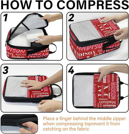 Personalized 6 Set Compression Packing Cubes for Travel Essentials with Name Initial Customized Lightweight Carry on Expandable Luggage Organizer Bags for Women and Men, Red