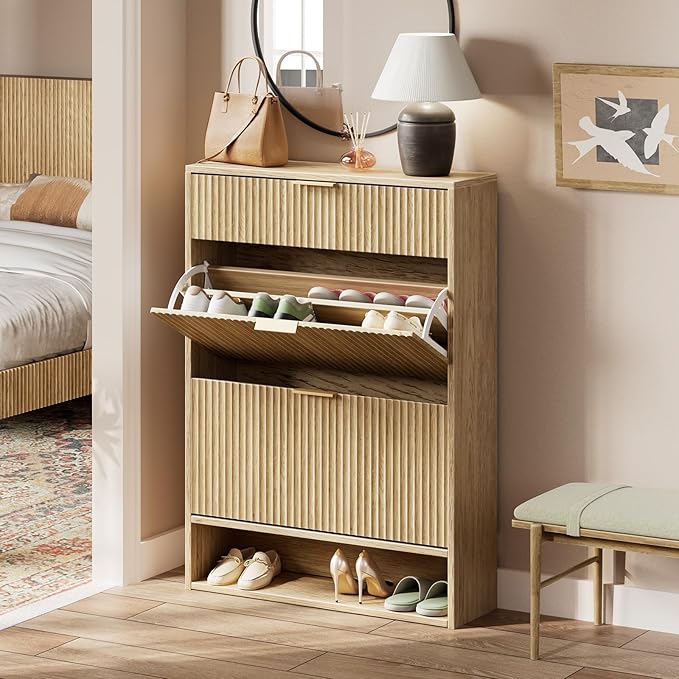 Evermagin 31.5''W Oak Shoe Cabinet Storage with Drawer for Entryway, Fluted Slim Shoe Dresser with 2 Flip Drawers, Narrow Shoe Rack Cabinet, Hidden Shoe Organizer Cabinet for Entrance, Hallway