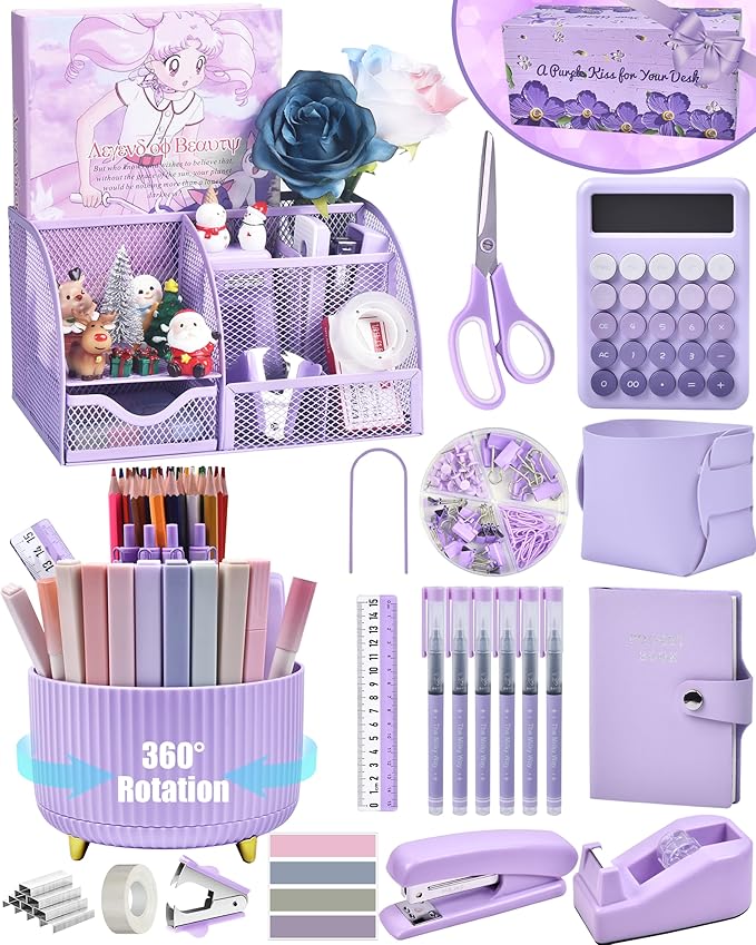 Purple Desk Organizers and Accessories With Mesh Desk Organizer and 360°Rotating Pen Holder and a Lot of Office Purple Office Supplies Beautifully Presented in a Gift Box Christmas Gifts