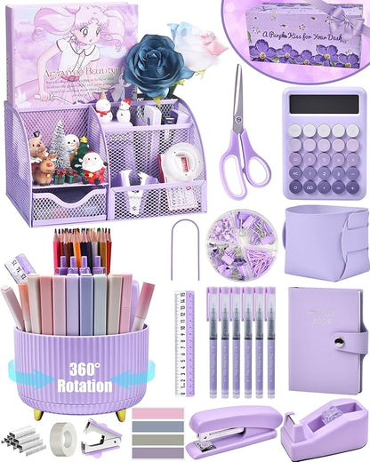 Purple Desk Organizers and Accessories With Mesh Desk Organizer and 360°Rotating Pen Holder and a Lot of Office Purple Office Supplies Beautifully Presented in a Gift Box Christmas Gifts