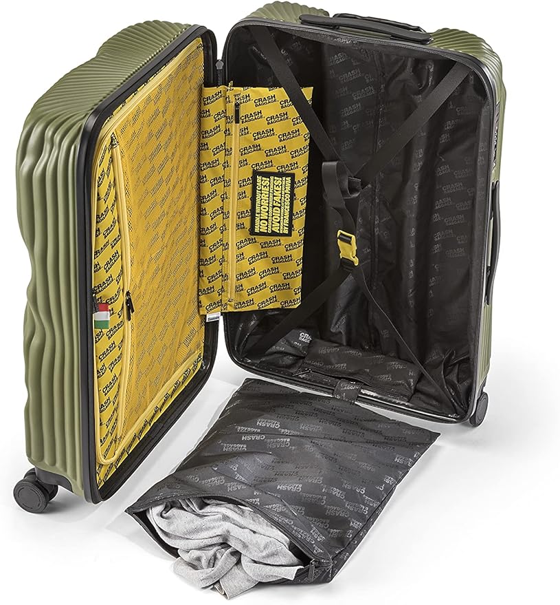 CRASH BAGGAGE Stripe Suitcase | Olive | 66L | 100% Polycarbonate, TSA-Approved Lock, 360° Spinning Wheels