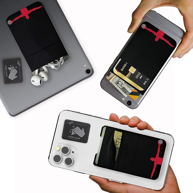 Gecko Travel Tech Double Pocket - Adhesive Card Holder - Cell Phone Pouch - Stick on Spandex Pocket - Carry Credit Cards and Cash (Basketball)