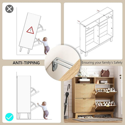 Shoe Cabinet Storage for Entryway with 4 Flip Drawers, Fluted Narrow Shoe Organizer with Wooden Legs & Top Cubby, Freestanding Slim Shoe Storage Hidden Shoe Rack for Front Door Entrance, Oak