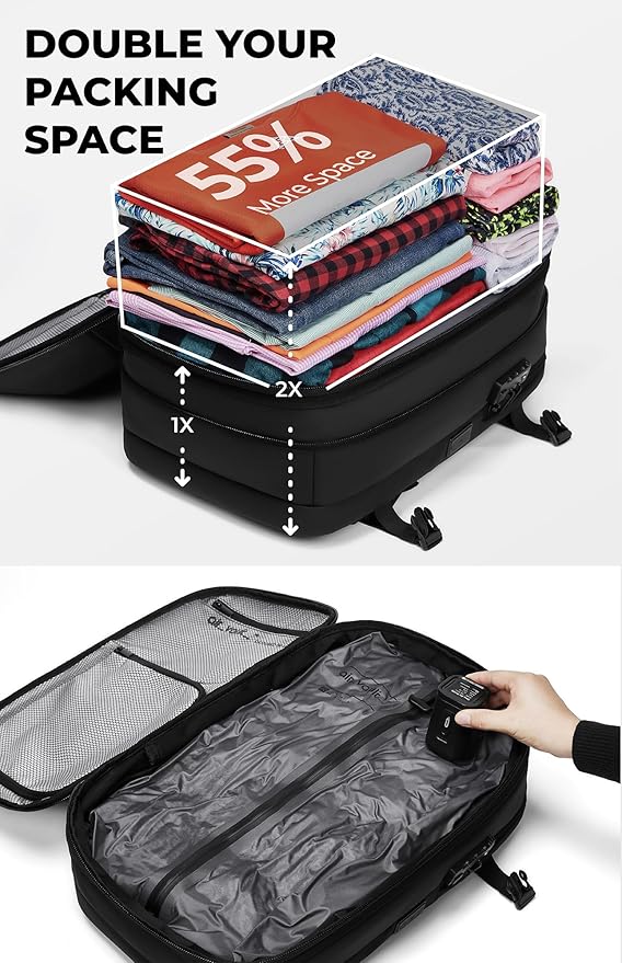 AirVault Vacuum Seal Travel Backpack 60L with Expandable Vortex Air Compression Vacuum System Water Resistant TSA Lock (Vacuum Pump Included, Black, 60L)