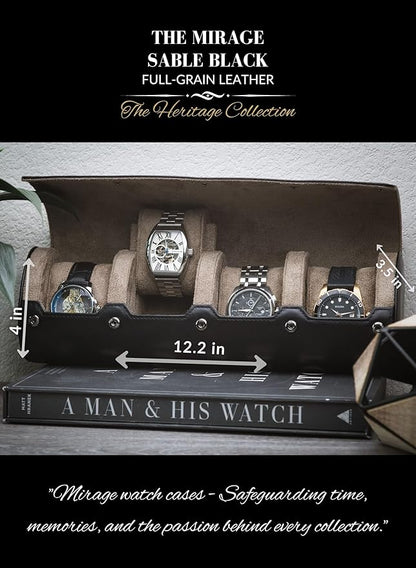 4 Watch Travel Case for Men Watch Roll Leather Watch Case Travel Sable Black Full Grain Cow Leather Mirage Heritage Collection