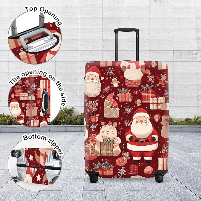 Allover Christmas Luggage Cover - Red Background with Santa, Gifts and Snowmen Pattern, Dense Holiday Design for 18 20 22 Inch Travel Bag