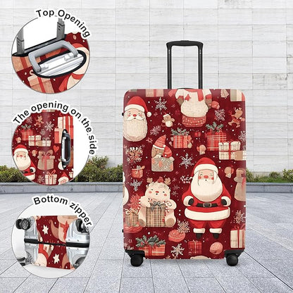 Allover Christmas Luggage Cover - Red Background with Santa, Gifts and Snowmen Pattern, Dense Holiday Design for 18 20 22 Inch Travel Bag