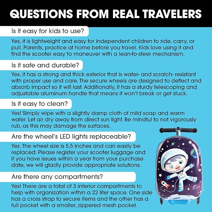 KIDDIETOTES 3-D Hardshell Luggage Scooter for Kids - Lightweight Rideable Luggage for kids - Fits in Overhead Bins - LED Light Up Wheels