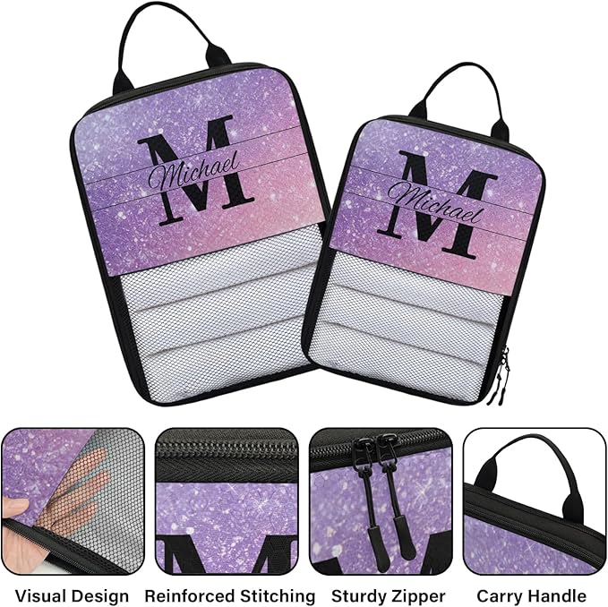 Personalized 6 Set Compression Packing Cubes for Travel Accessories Custom Initial Name Luggage Carry On Suitcase Compressible Expandable Packing Organizer, Purple Glitter