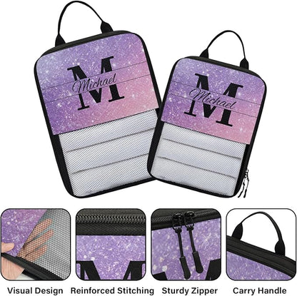 Personalized 6 Set Compression Packing Cubes for Travel Accessories Custom Initial Name Luggage Carry On Suitcase Compressible Expandable Packing Organizer, Purple Glitter
