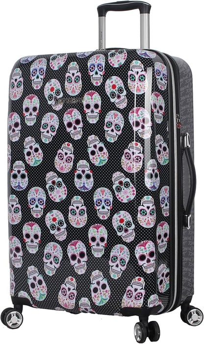 Betsey Johnson 26 Inch Checked Luggage Collection - Expandable Scratch Resistant (ABS + PC) Hardside Suitcase - Designer Lightweight Bag with 8-Rolling Spinner Wheels (Skull Party)
