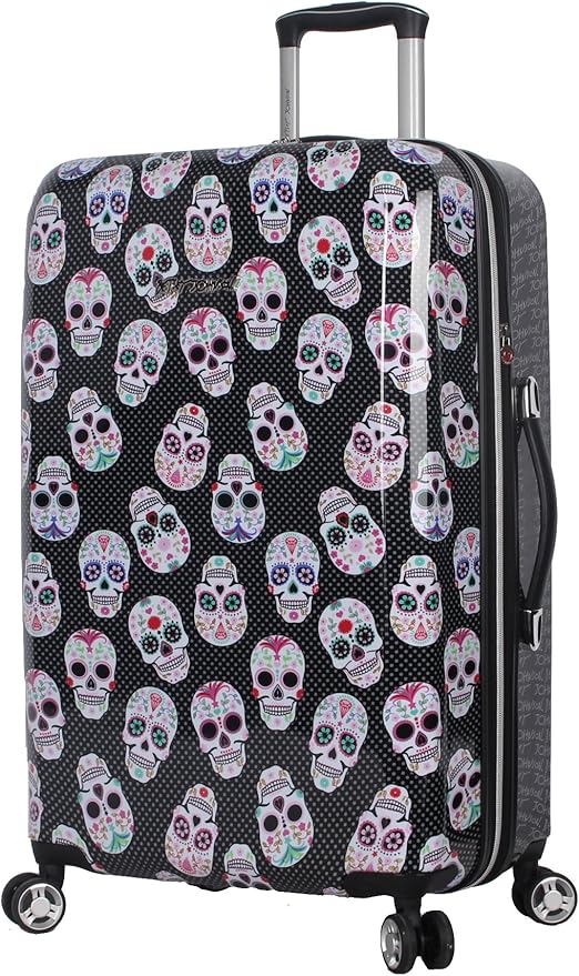 Betsey Johnson 26 Inch Checked Luggage Collection - Expandable Scratch Resistant (ABS + PC) Hardside Suitcase - Designer Lightweight Bag with 8-Rolling Spinner Wheels (Skull Party)