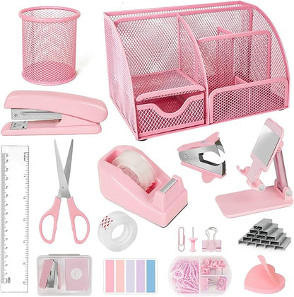 Desk Organizers and Accessories, Office Supplies 15PS Set with Stapler, Staple Remover, Pen Holder, Clips Set, Tape Dispenser, Tape, Phone Holder, 1000 Staples, Ruler, Scissors （Pink）