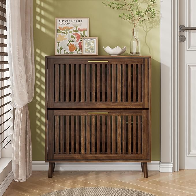 Walnut Shoe Cabinet with 2 Flip Drawers for Entryway,Narrow Shoe Storage Cabinet with Solid Wood Leg,Freestanding Slim Shoe Organizer for Hallway