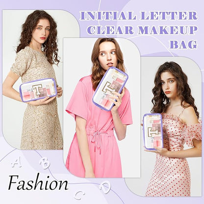 Personalized Initial Letter Clear Makeup Bag,Preppy Small Nylon&PVC Cosmetic Zipper Bag with Chenille Letter,Travel Skincare Toiletry Bag,Monogram Christmas Gift for Teen Girls Women,T