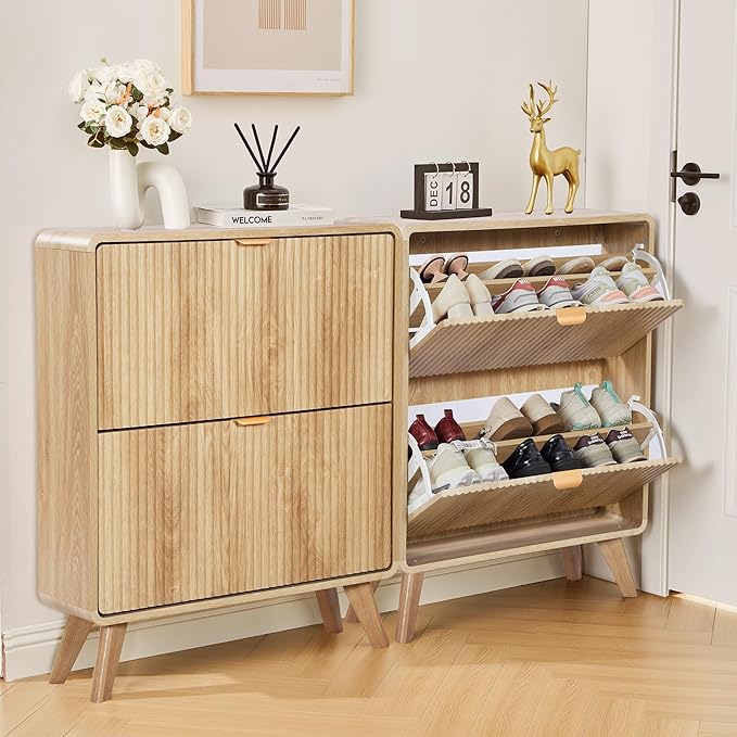 RARZOE Set of 2 Fluted Shoe Storage Cabinets for Entryway, Narrow Curved Shoe Cabinet with 2 Flip Drawers, Freestanding Wood Hidden Shoe Organizer Closed Shoe Rack Cabinet for Foyer,Hallway (Natural)