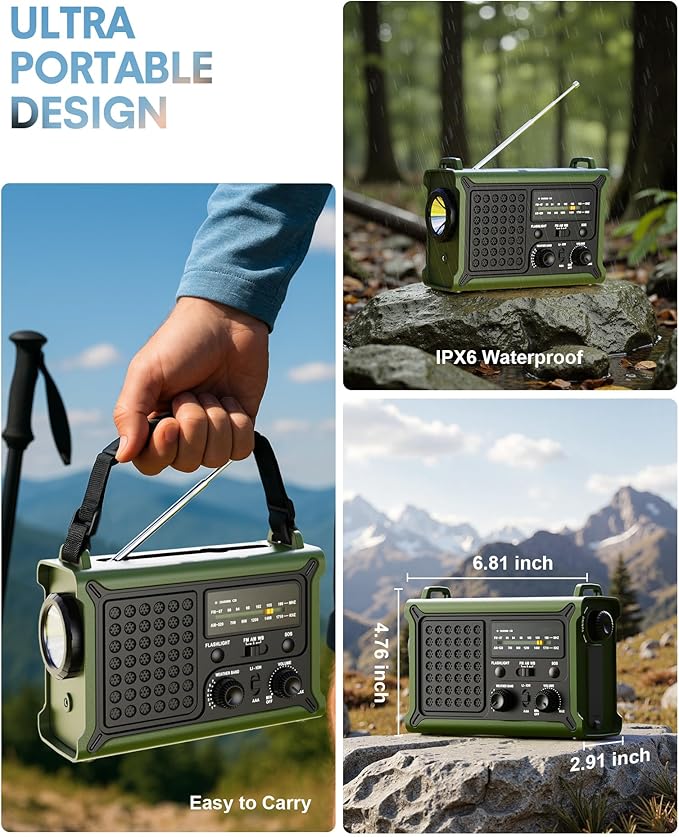 Emergency Weather Radio with Solar & Crank Power – AM/FM/NOAA, LED Flashlight, Reading Light, USB Charging & SOS – Survival Gear for Power Outages & Storms