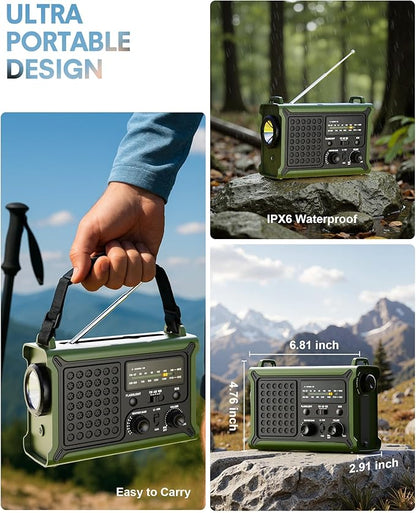 Emergency Weather Radio with Solar & Crank Power – AM/FM/NOAA, LED Flashlight, Reading Light, USB Charging & SOS – Survival Gear for Power Outages & Storms