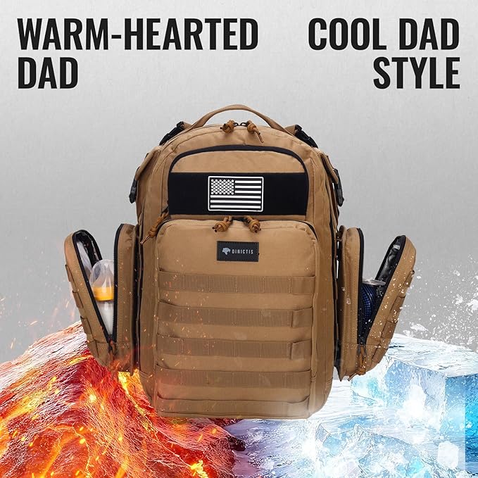 Dinictis Dad Diaper Bag, Mens Diaper Bag Backpack with Diaper Changing Mat, Military Diaper Backpack with Molle Webbing, Waterproof Pouch, Baby Wipes pocket, Insulated Bottle Pockets- Jungle Brown
