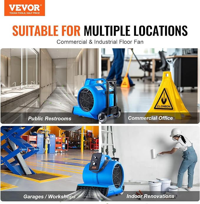 VEVOR Floor Blower, 1560 RPM 4000 CFM, Air Mover for Drying and Cooling, Portable Carpet Dryer Fan with 3 Blowing Angles, Timer, 3-Speeds Adjustment, for Janitorial, Home, Commercial Use