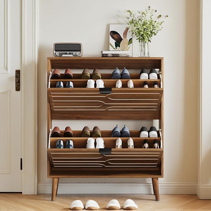 Spaco Walnut Shoe Cabinet Storage for Entryway,Narrow Shoe Organizer Cabinet with 2 Flip Drawers,Slim Shoe Rack with Solid Wood Leg for Hallway,Closet