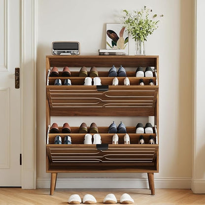 Spaco Walnut Shoe Cabinet Storage for Entryway,Narrow Shoe Organizer Cabinet with 2 Flip Drawers,Slim Shoe Rack with Solid Wood Leg for Hallway,Closet