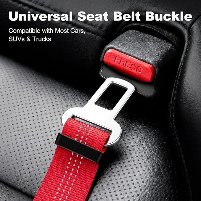 Dog Seat Belt for Car, Adjustable Dog Car Harness Seatbelt for Small Medium Large Dogs, Heavy Duty Travel Safety Restraint with Locking Aluminum Hook & Reflective Nylon Strap, Red
