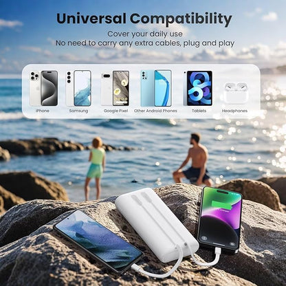 Upgraded Portable Charger 40800mAh Power Bank - Portable Battery with 2 Built in Cables,PD 25W USB C Fast Charging Battery Pack Compatible with iPhone 17 16 15 14 13 Android Phone etc-White