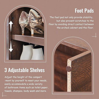 67" Tall Arched Bathroom Storage Cabinet, 8-Tier Modern Farmhouse Storage Cabinet with Adjustable Shelves, Wood Freestanding Cabinet for Bathroom, Living Room, Entryway, Hallway (Brown)
