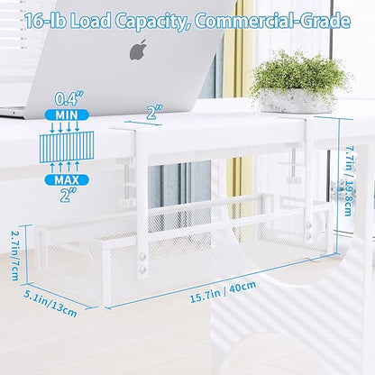 No Drill Under Desk Cable Management Tray, SONATURE 15.7" Cord Organizer for Table, Clamp Mount Desk Cable Management, Premium Carbon Steel Cable Organizer for Office, Home (White)
