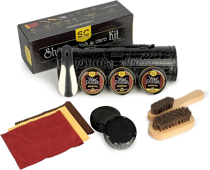 Stone and Clark Leather Shoe Shine Kit - 13 PCS Shoe Polish Kit for Complete Leather Boot Care, Compact & Travel Friendly
